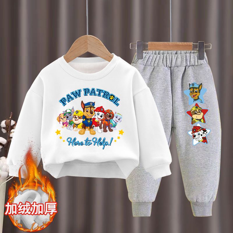 Children's winter velvet thickened round-neck sweatshirt suit Paw Patrol Western Style Winter Children's Clothes Warm Two-piece Set