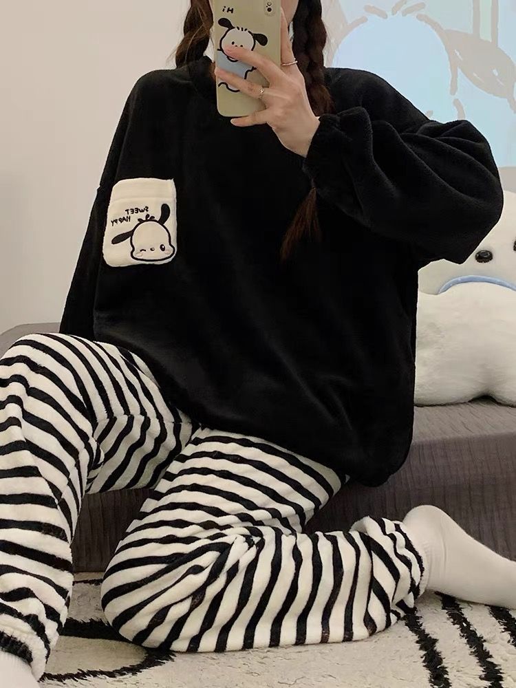 珊瑚絨睡衣女2023秋冬季學生新款加絨加厚冬季法蘭絨可外穿家居服