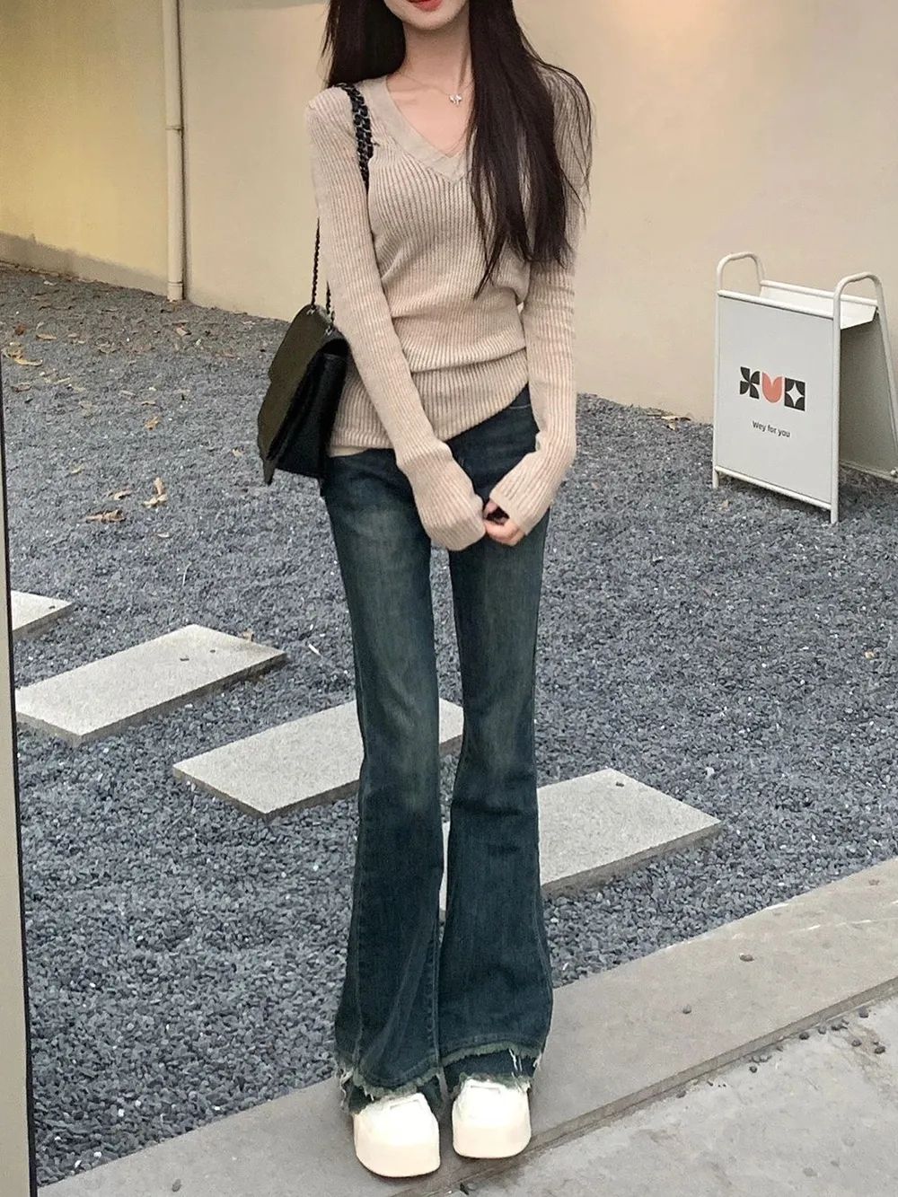 高腰顯瘦微喇叭牛仔褲女秋冬2023新款復古街頭美式雙層毛邊拖地褲