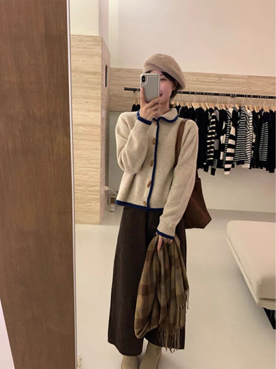 小香風軟糯翻領毛衣開衫外套女2023秋冬季新款超好看短款針織上衣