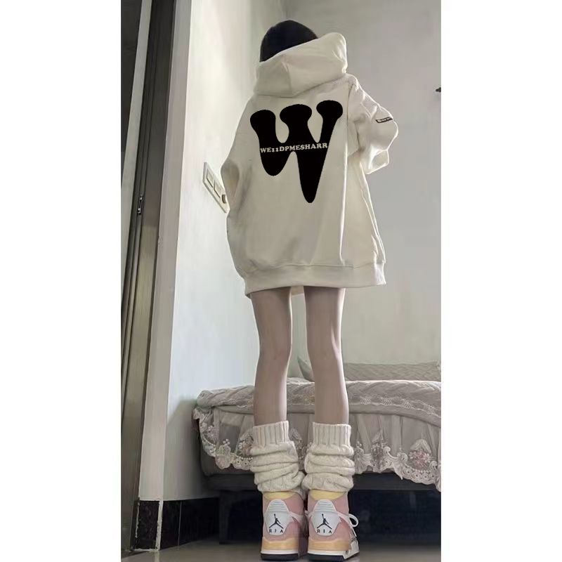 100%紡棉韓系潮流白色百搭連帽衛衣寬鬆oversize慵懶風小眾潮上衣