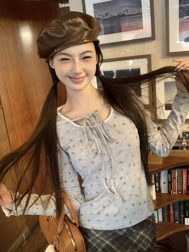 碎花甜心~復古碎花系帶長袖T恤秋冬外穿修身打底衫上衣女
