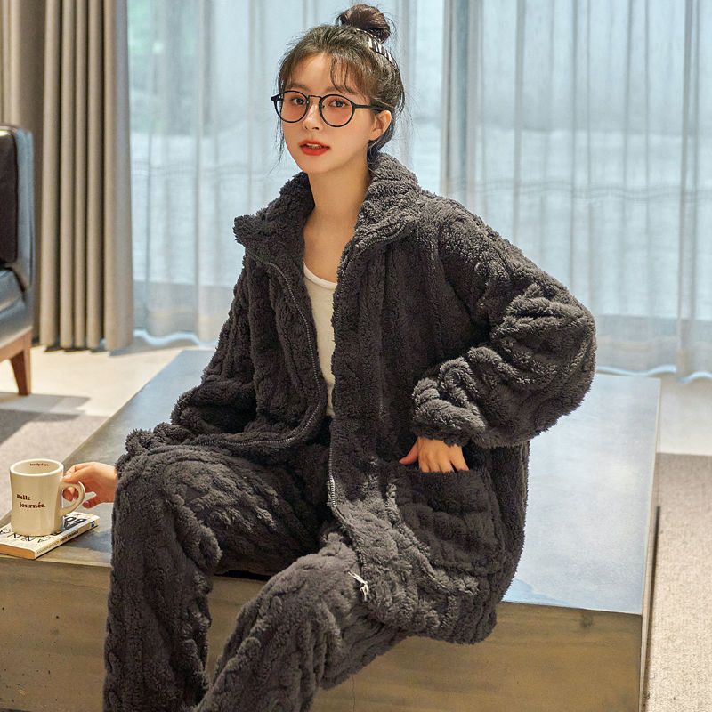 歌倩雅睡衣女冬季珊瑚絨加厚加絨2023新款法蘭絨可外穿家居服套裝