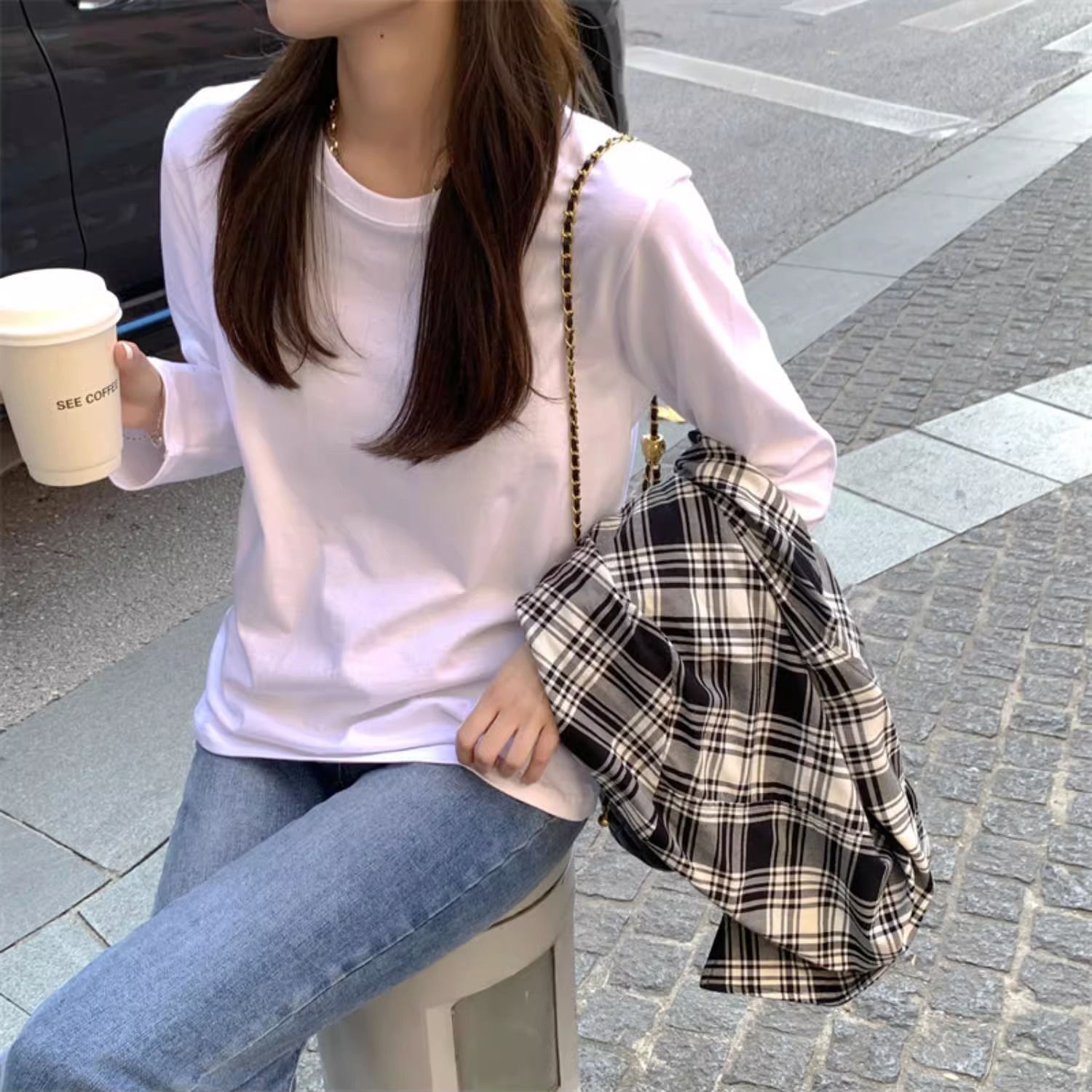 2023新款重磅純棉白色t恤長袖女圓領寬鬆美式休閒ins初秋上衣早秋