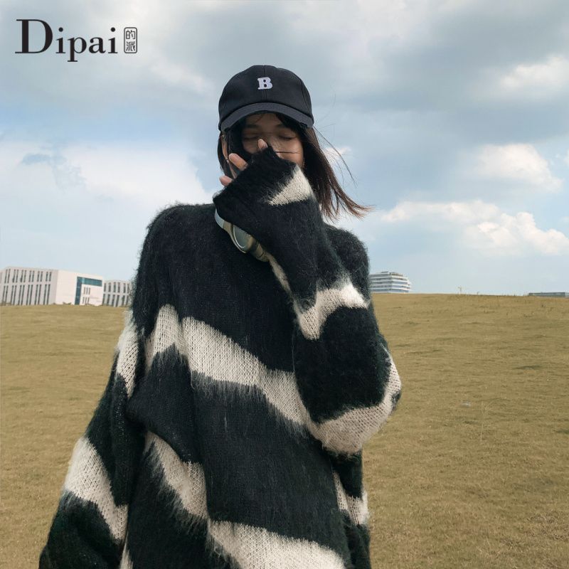 Dipai 秋冬oversize毛衣藍白拼接撞色外套毛衣女高級感小眾針織衫