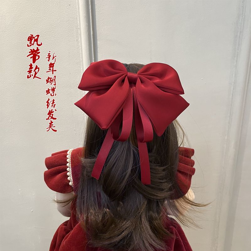 儿童蝴蝶结发夹红色小女孩公主后脑勺弹簧飘带女童发卡头饰发饰
