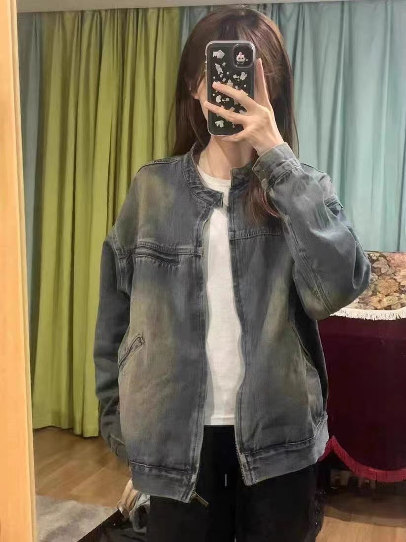 Large size American retro washed distressed denim jacket women's spring and autumn new loose workwear jacket top ins trend