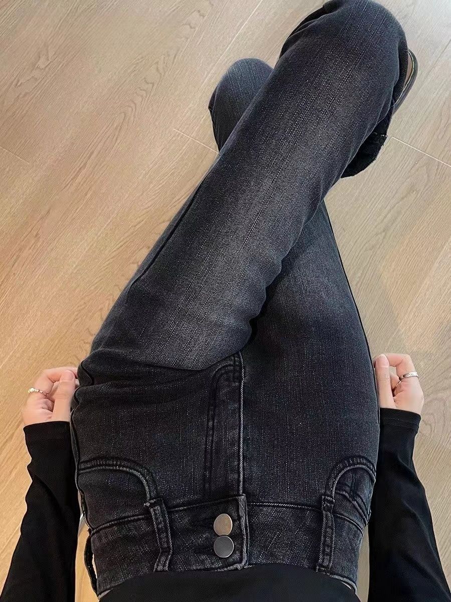 加絨加厚黑灰色微喇牛仔褲女秋冬新款高腰彈力顯瘦加長喇叭馬蹄褲