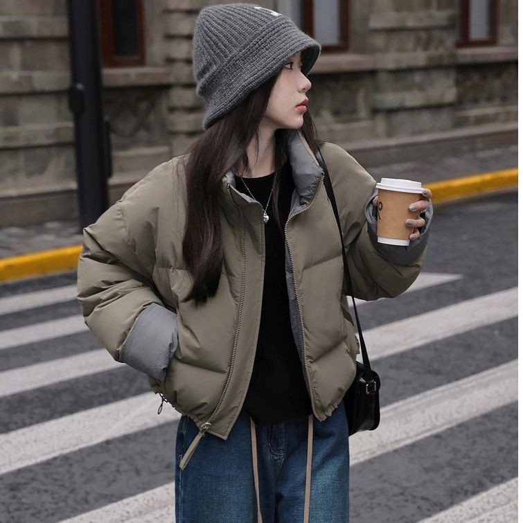 2023年韓版新款小個子拼色短款羽絨棉服女短款時尚百搭冬季外套潮
