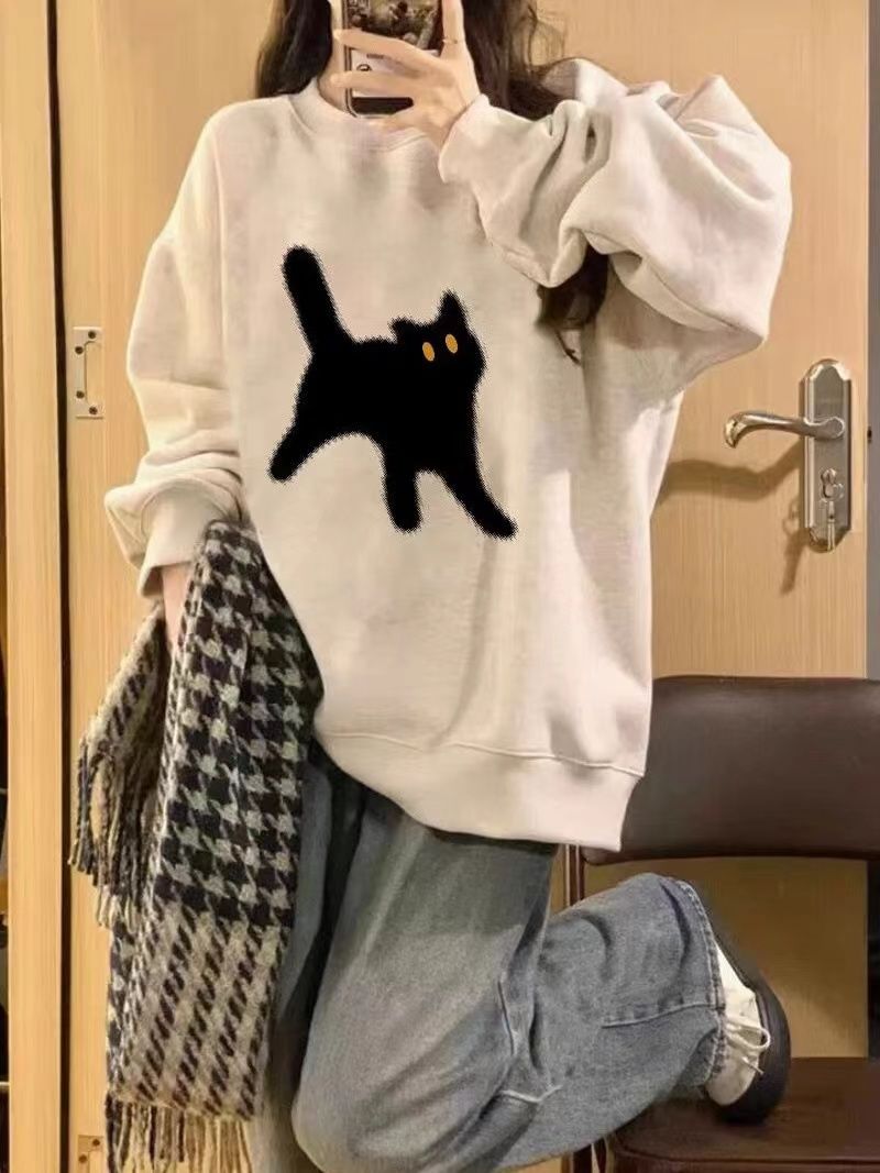 無領穿搭春秋冬季圓領衛衣女寬鬆薄款落肩設計加絨加厚學生上衣
