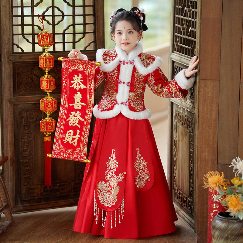 漢服女童新款兒童唐裝加厚冬季喜慶過年小女孩新年古風拜年服冬裝