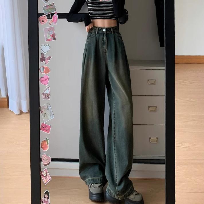 寬鬆闊腿牛仔褲女秋冬新款高腰顯瘦加長復古褶皺垂感直筒拖地褲潮