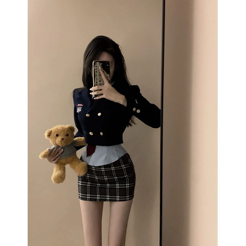 套裝女2023秋冬新款韓系學院風短款西裝外套襯衫高腰格紋包臀短裙