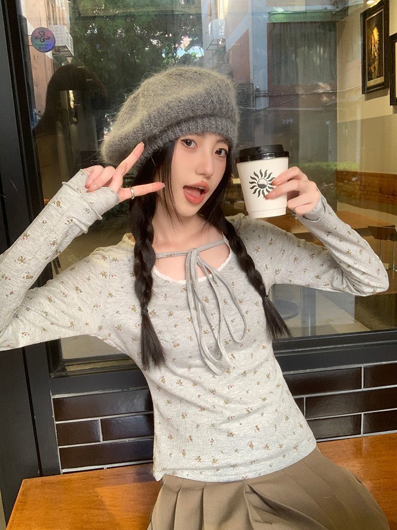23新款方領碎花長袖T恤女秋冬韓系修身內搭獨特别致打底衫上衣