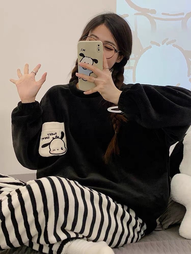 珊瑚絨睡衣女2023秋冬季新款加絨加厚冬季保暖法蘭絨可外穿家居服
