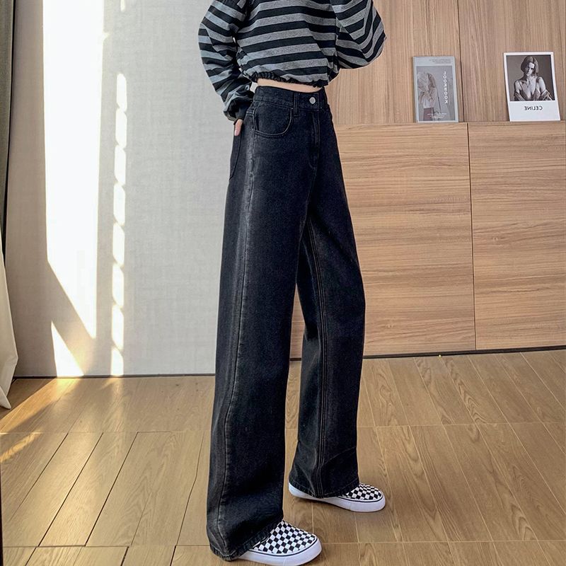 設計感高腰牛仔褲2023女秋冬新款垂感復古闊腿褲子時尚拖地直筒褲