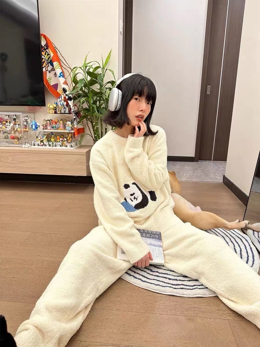 甜美熊猫珊瑚绒睡衣女秋冬季加厚半边绒2024年新款冬天家居服套装