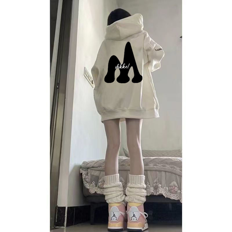 100%紡棉韓系高街白色百搭連帽衛衣寬鬆中長款小眾潮秋冬加絨上衣