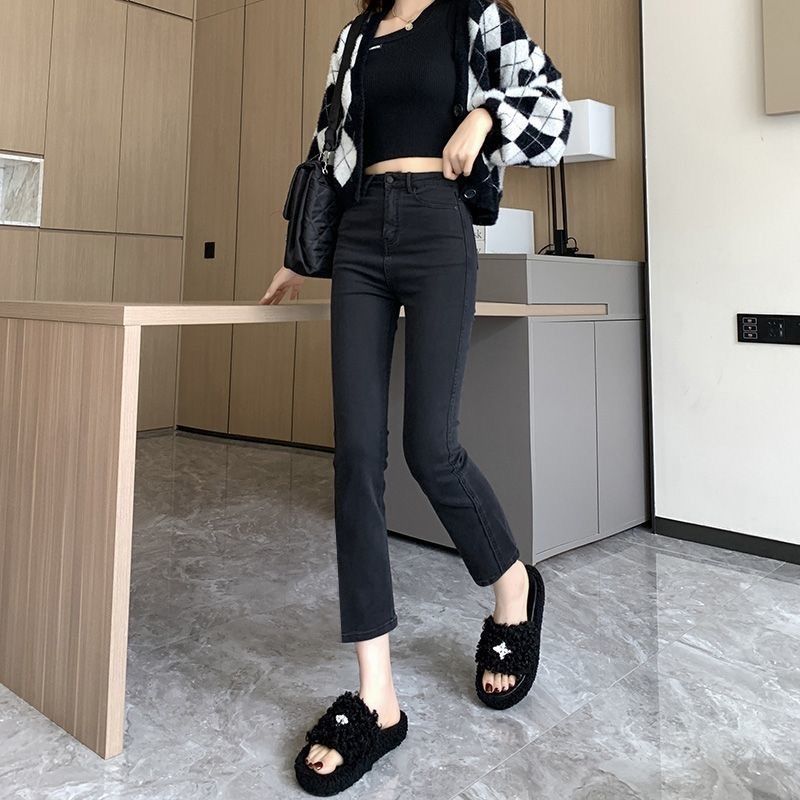 高腰韓版黑色直筒牛仔褲女秋冬顯瘦彈力微喇叭褲小個子高檔九分褲
