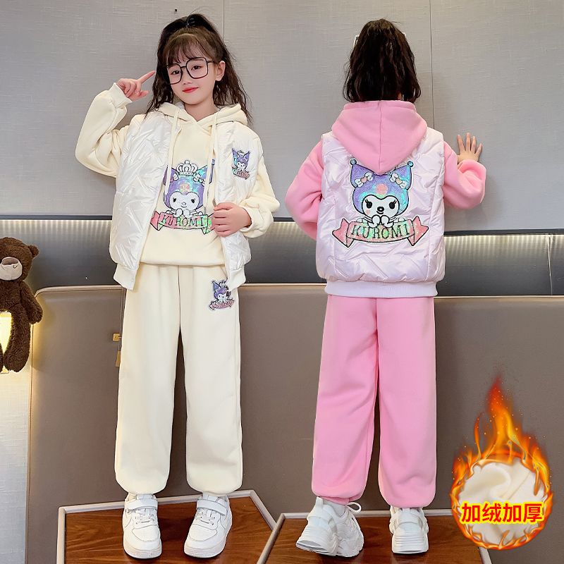 6 Girls' Autumn and Winter Clothes Plus Velvet Kuromi Sweatshirt Three-piece Set Children's Winter Style 8 Girls' Thickened Sweatshirt Set