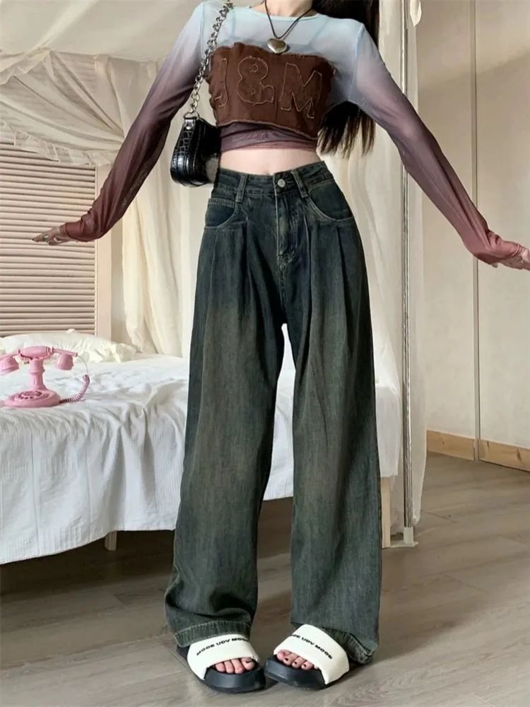 復古懷舊水泥灰牛仔褲女秋季百搭高腰直筒闊腿褲顯瘦垂感拖地長褲