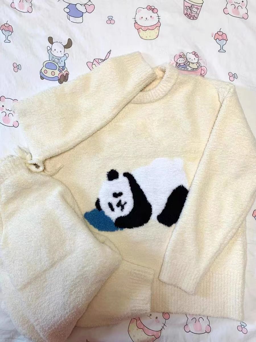 甜美熊貓半邊絨睡衣女秋冬季2023新款加厚珊瑚絨可外穿家居服套裝