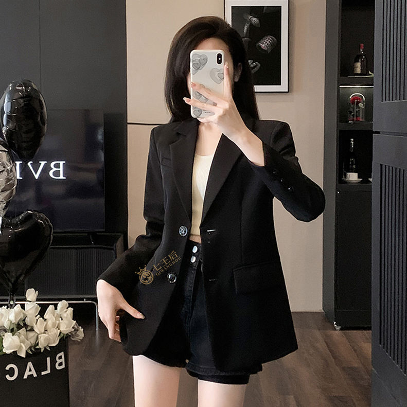 Black suit jacket for women Korean style loose straight temperament slim 2024 new spring and autumn suit top for small people
