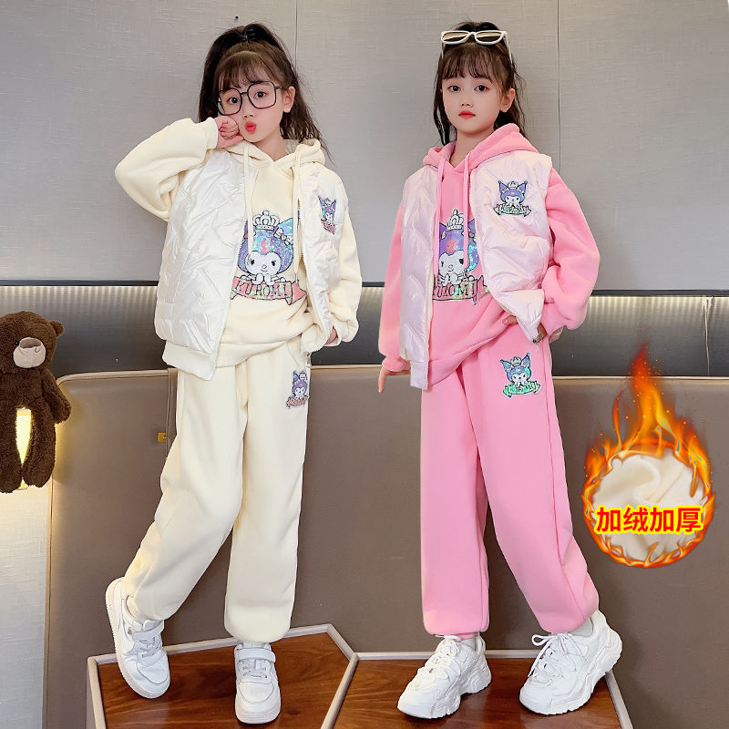 6 Girls' Autumn and Winter Clothes Plus Velvet Kuromi Sweatshirt Three-piece Set Children's Winter Style 8 Girls' Thickened Sweatshirt Set