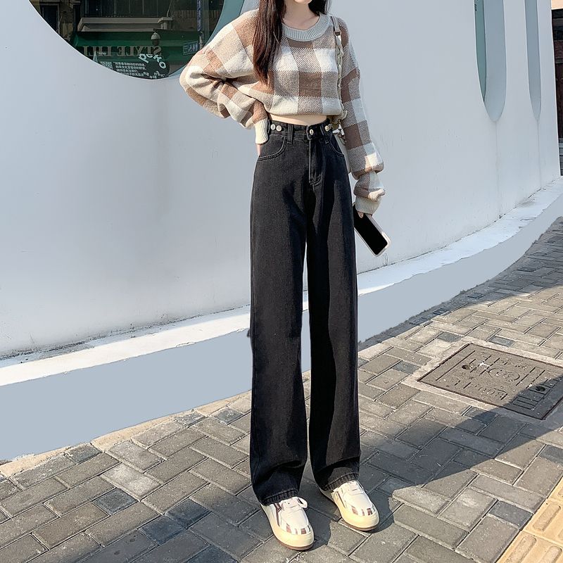 初秋女直筒褲寬鬆顯瘦顯高拖地2023新款黑灰色高腰闊腿牛仔褲褲女