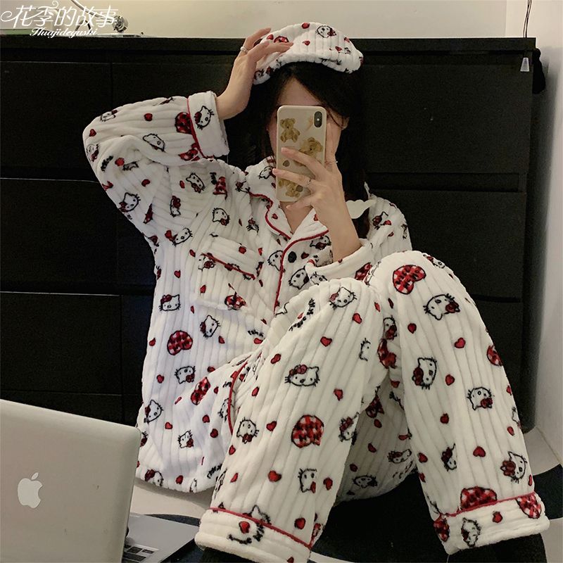 花季的故事新款睡衣女珊瑚絨秋冬季長袖套裝ins可愛凱蒂貓家居服