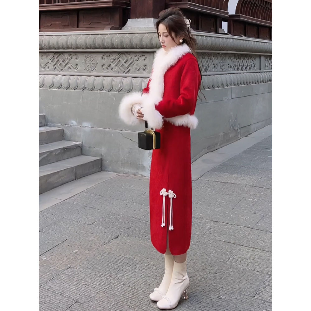 新中式小香风套装女2023秋冬新款高级感超仙毛呢外套半身裙两件套