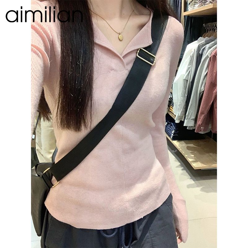 aimilian粉色V領針織衫毛衣女春秋冬內搭打底衫修身顯瘦長袖上衣