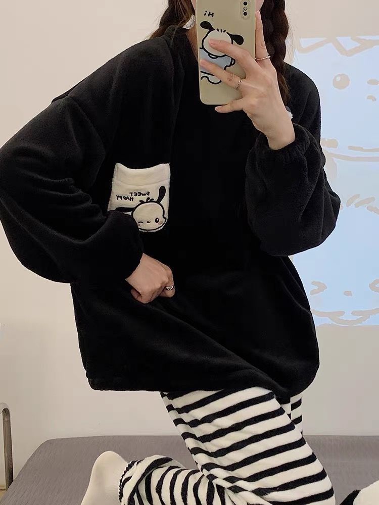 珊瑚絨睡衣女2023秋冬季新款加絨加厚冬季保暖法蘭絨可外穿家居服