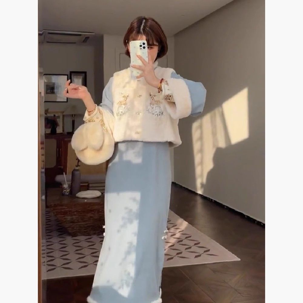 柿柿如意-2023年冬季新款加絨加厚新中式刺繡馬甲+連衣裙兩件套女