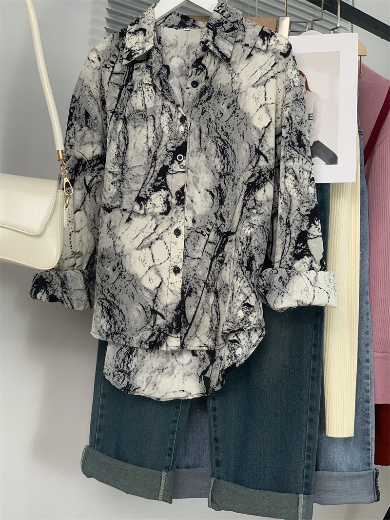 日系潮流扎染紐扣秋季長袖襯衫女韓版氣質小眾休閒寬鬆大碼襯衣