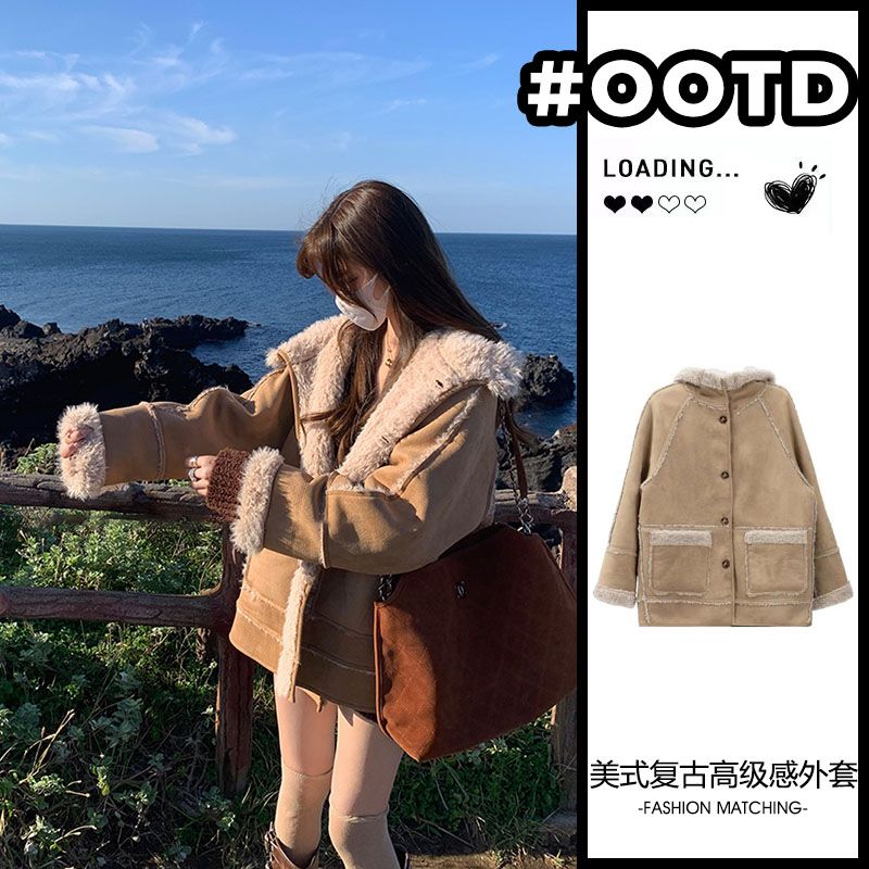 復古美拉德休閒氣質一體短外套女冬季2023新款環保拼接連帽上衣女