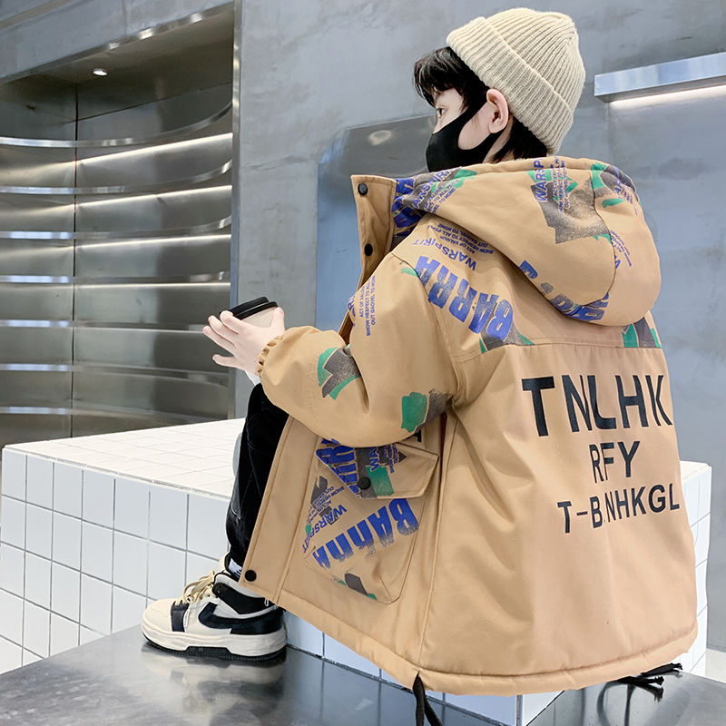 男童秋冬加絨派克服2023年新款洋氣中大童男孩冬裝帥氣加厚外套潮