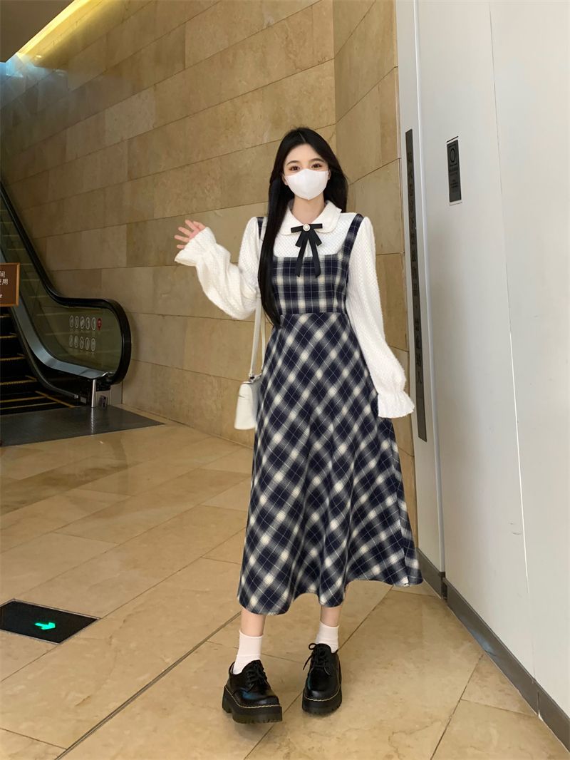 微胖mm2023年秋季新款韓版洋氣格紋連衣裙大碼減齡假兩件遮肚裙子