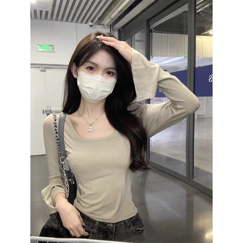 喇叭袖打底T恤女秋季韓版2023新款方領修身顯瘦網紅長袖上衣ins潮