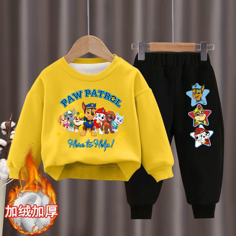 Children's winter velvet thickened round-neck sweatshirt suit Paw Patrol Western Style Winter Children's Clothes Warm Two-piece Set