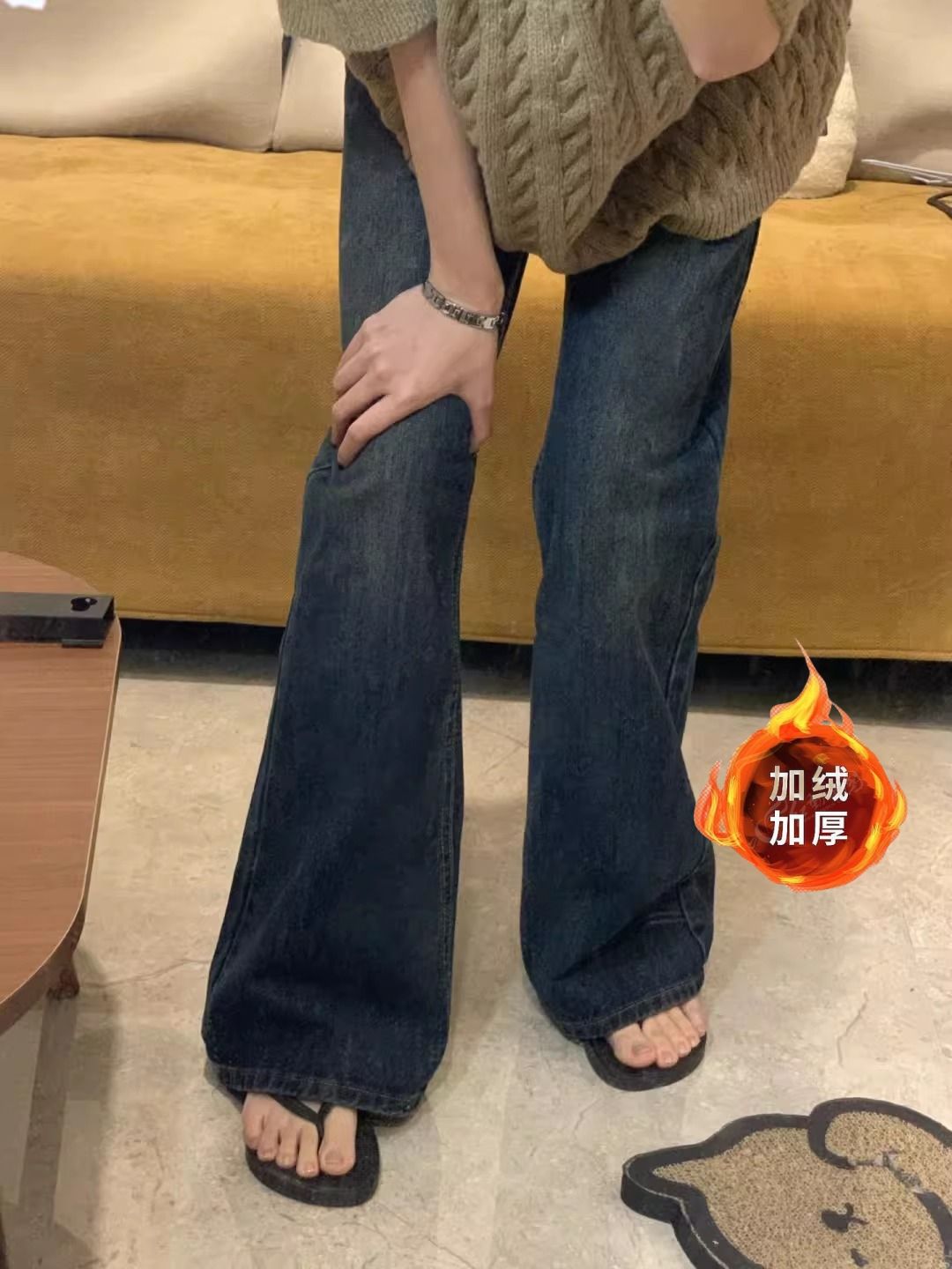 加絨加厚微喇牛仔褲女2023年秋冬新款顯瘦小個子高腰馬蹄褲喇叭褲