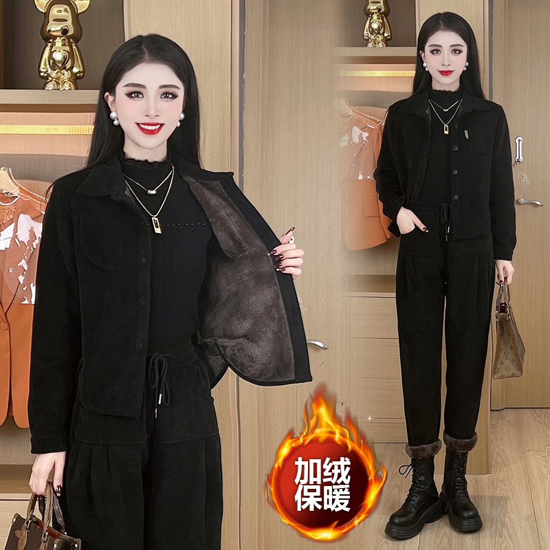 秋冬季時尚休閒加絨加厚套裝女2023新款韓版洋氣減齡燈芯絨兩件套
