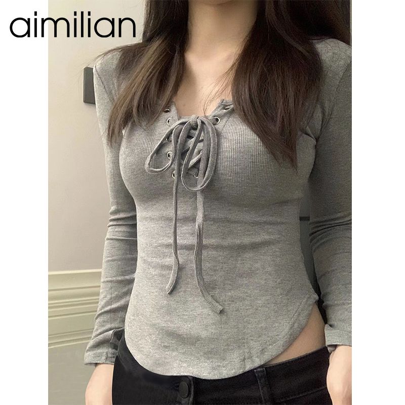 aimilian純欲辣妹長袖t恤女春秋設計感小眾綁帶修身顯瘦短款上衣