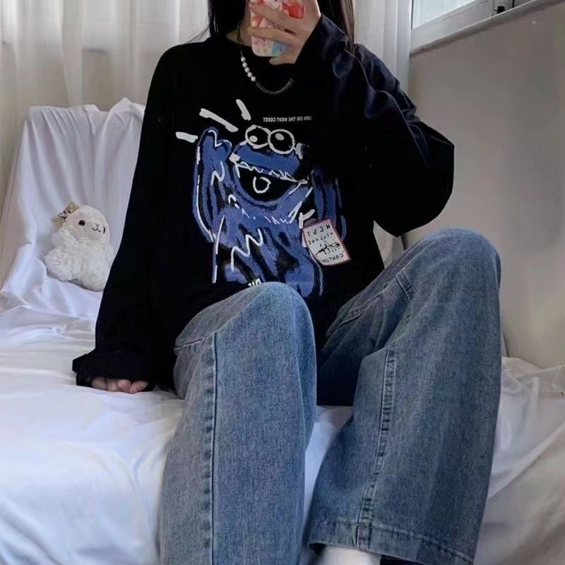 純棉長袖t恤女春秋新款寬鬆oversize美式復古小眾洋氣設計感上衣