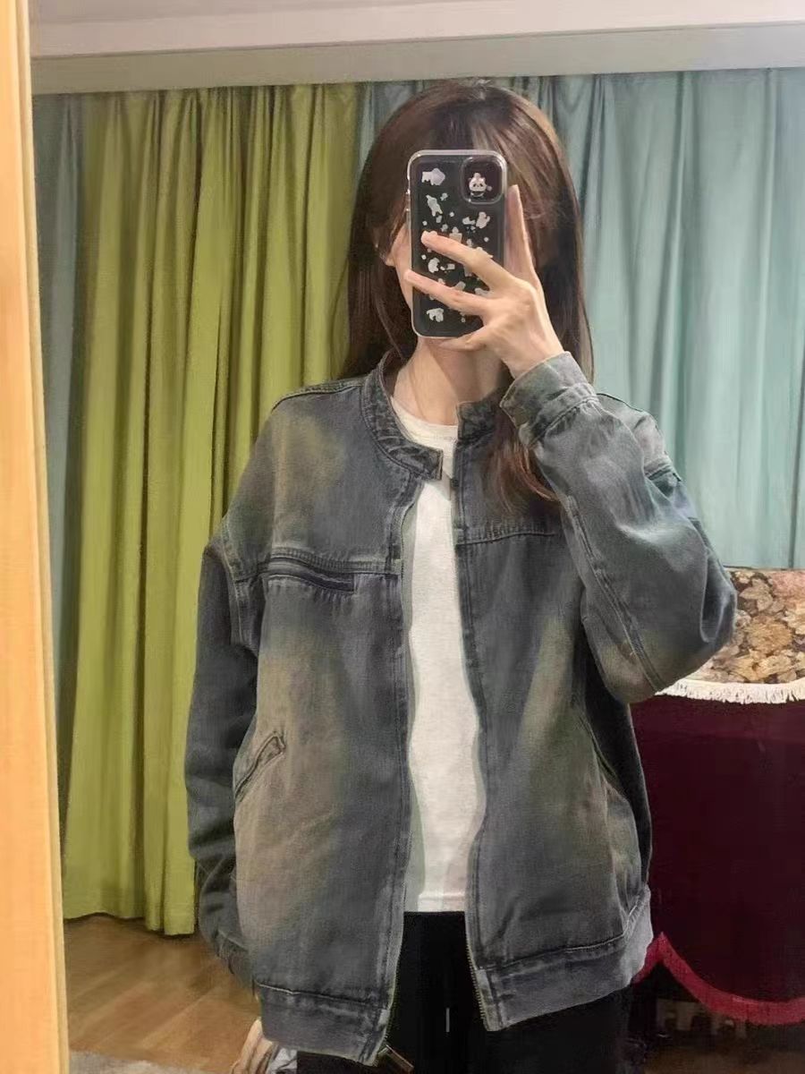 Large size American retro washed distressed denim jacket women's spring and autumn new loose workwear jacket top ins trend