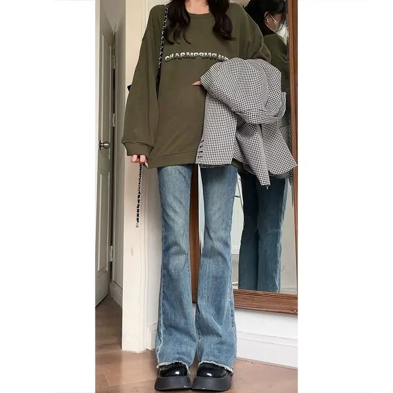 復古微喇牛仔褲女2023秋冬新款高腰修身顯瘦彈力毛邊加長喇叭褲潮