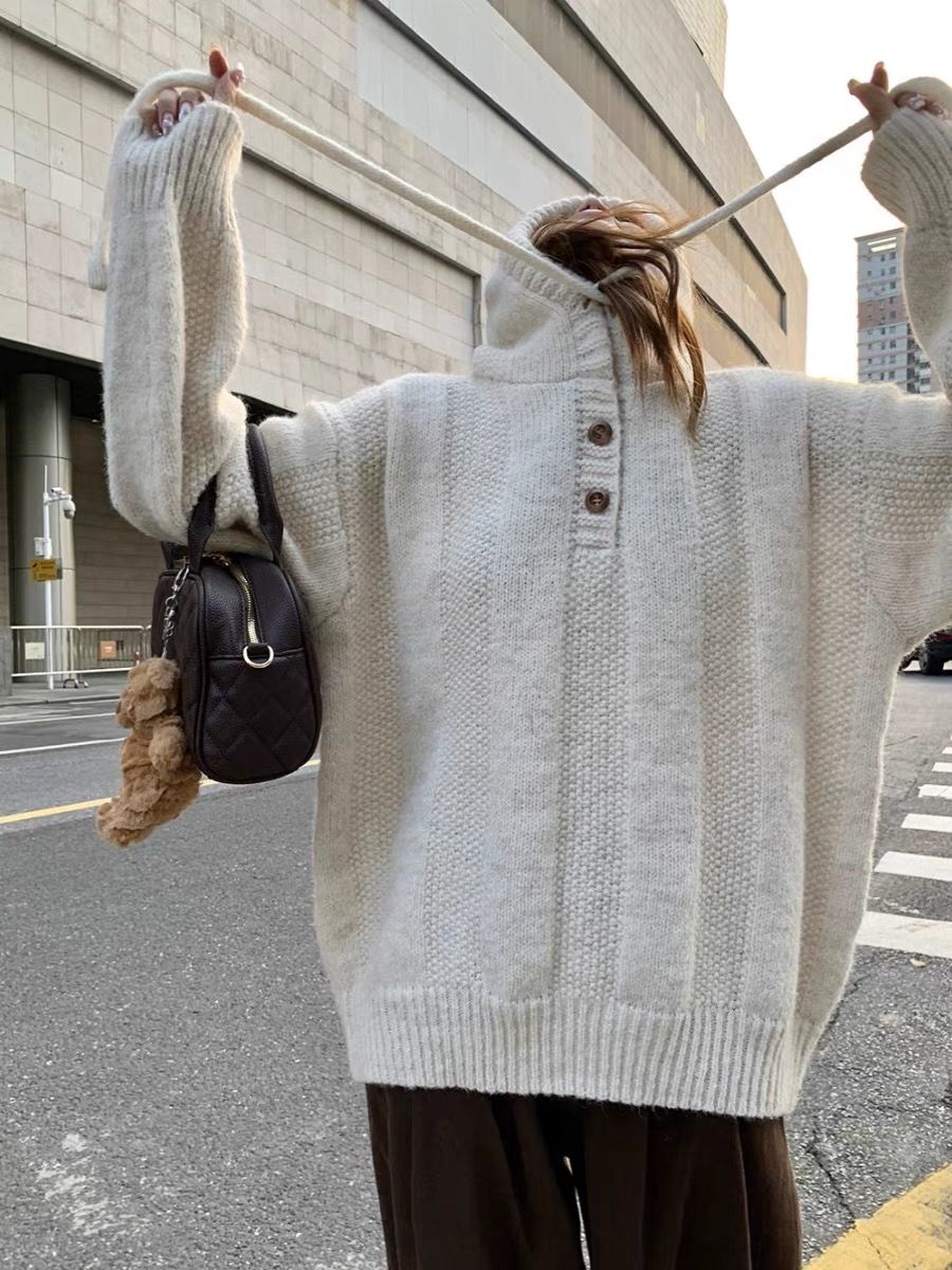 韓版寬鬆慵懶風連帽毛衣女秋冬2023新款軟糯加厚抽繩針織衛衣上衣