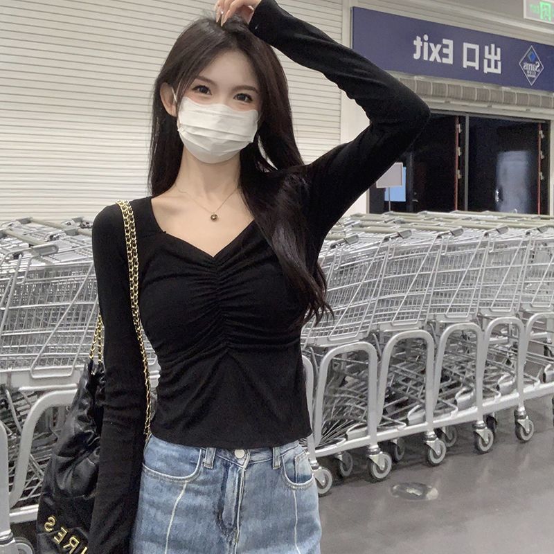 秋冬甜辣妹純欲修身顯瘦短款韓版v領長袖德絨打底衫女裝外穿上衣