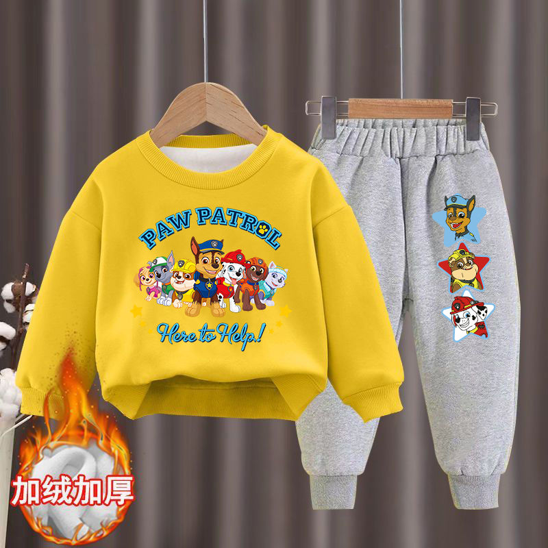 Children's winter velvet thickened round-neck sweatshirt suit Paw Patrol Western Style Winter Children's Clothes Warm Two-piece Set