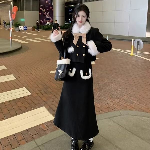 富家千金毛毛拼接韓版加厚長袖外套半身裙女秋冬2023新款時尚套裝